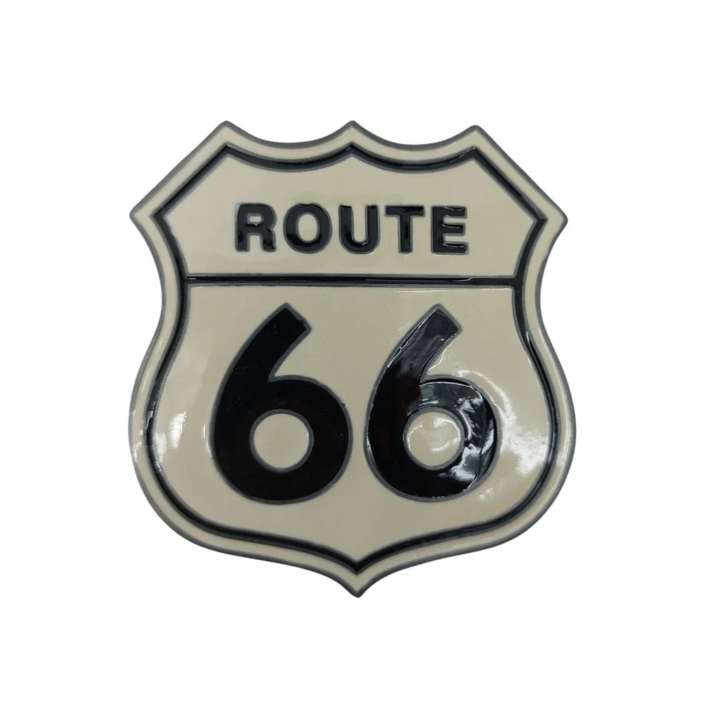 Route 66 Belt Buckle National Historic Trail Highway Metal Festival Enamel White